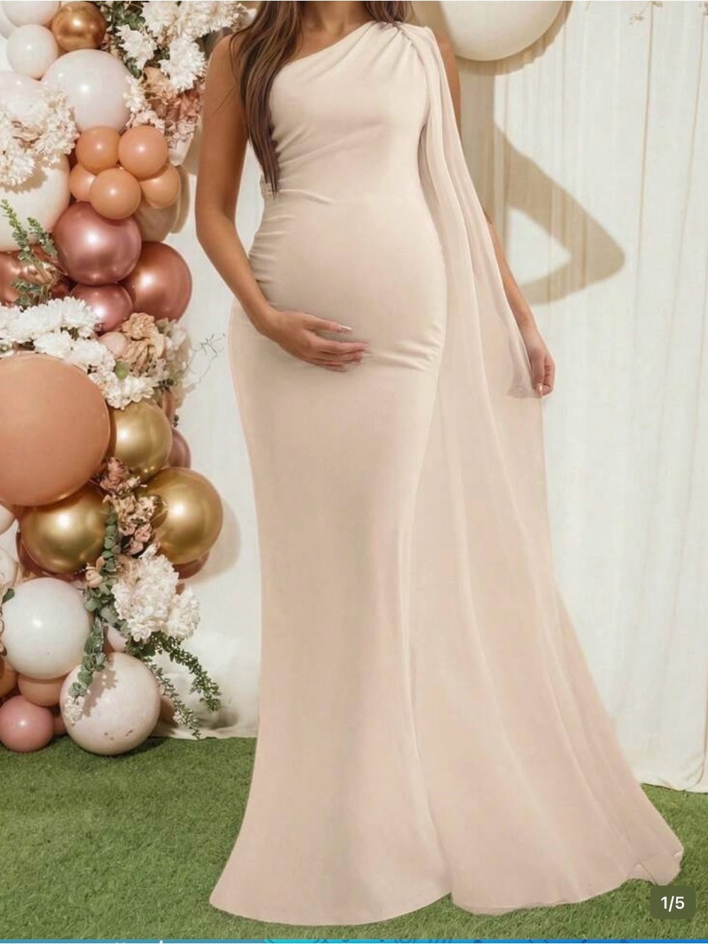 Elegant One-Shoulder Maternity Gown in apricot